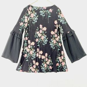 M&S Viscose Black Floral Print Crew Neck Bell Trumpet Sleeve Top P3500